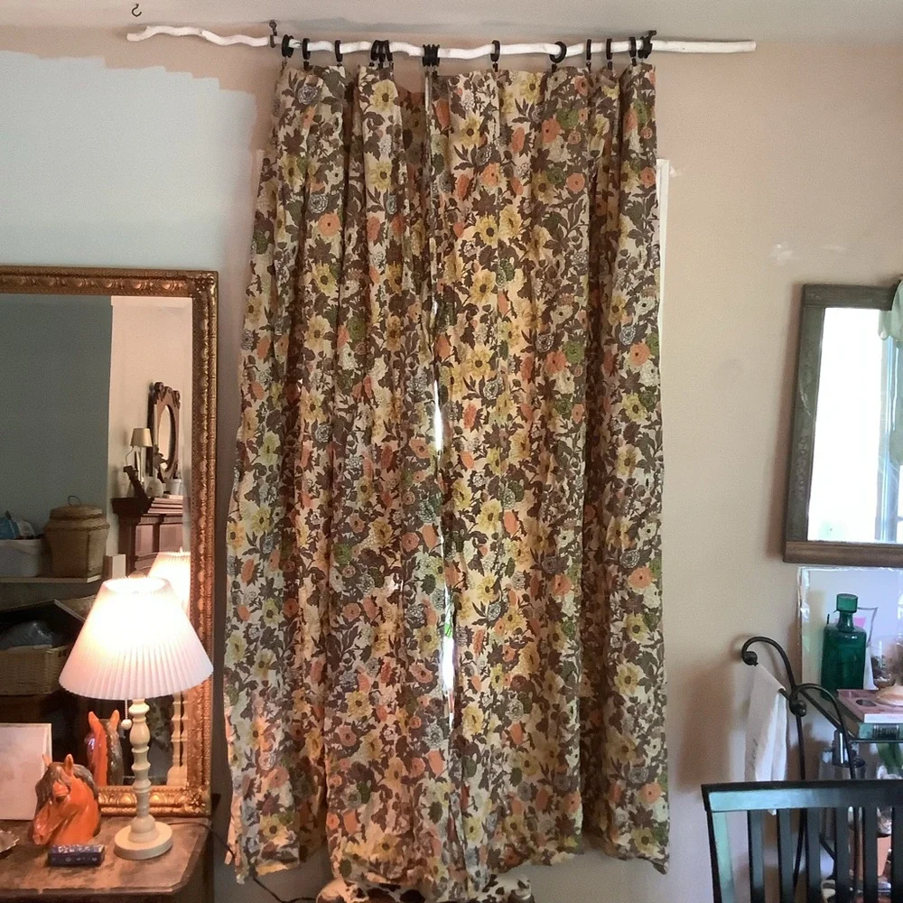 Vintage 60’s 70’s Cream Brown Orange Yellow Green Drapes Curtains 10 Pieces